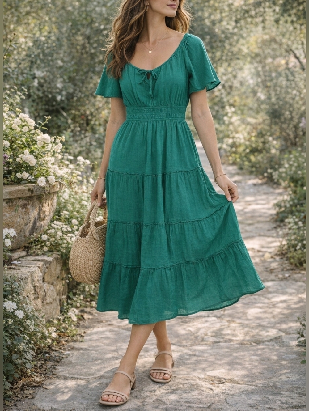 GAP Green Tiered Midi Dress with Smocked Waist & Pockets
